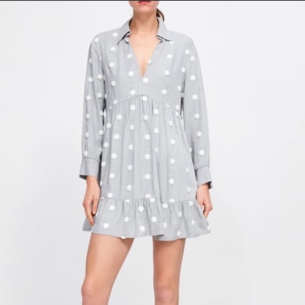 Zara Pom Polka Dot Babydoll Mini Contrast Dress